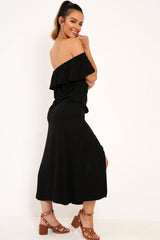 Black Bardot Frill Button Front Midi Dress - Clancy-Dresses