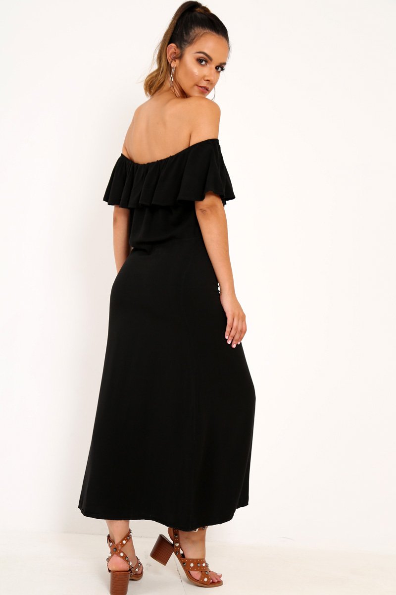 Black Bardot Frill Button Front Midi Dress - Clancy-Dresses
