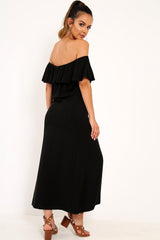 Black Bardot Frill Button Front Midi Dress - Clancy-Dresses