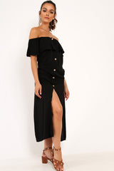 Black Bardot Frill Button Front Midi Dress - Clancy-Dresses
