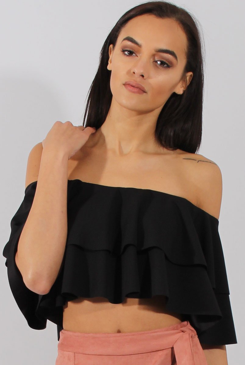 Black Bardot Frill Crop Top - Flissy-Crop Tops