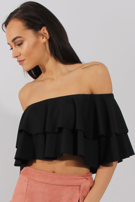 Black Bardot Frill Crop Top - Flissy