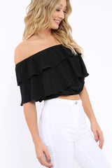 Black Bardot Frill Crop Top - Laila-Crop Tops
