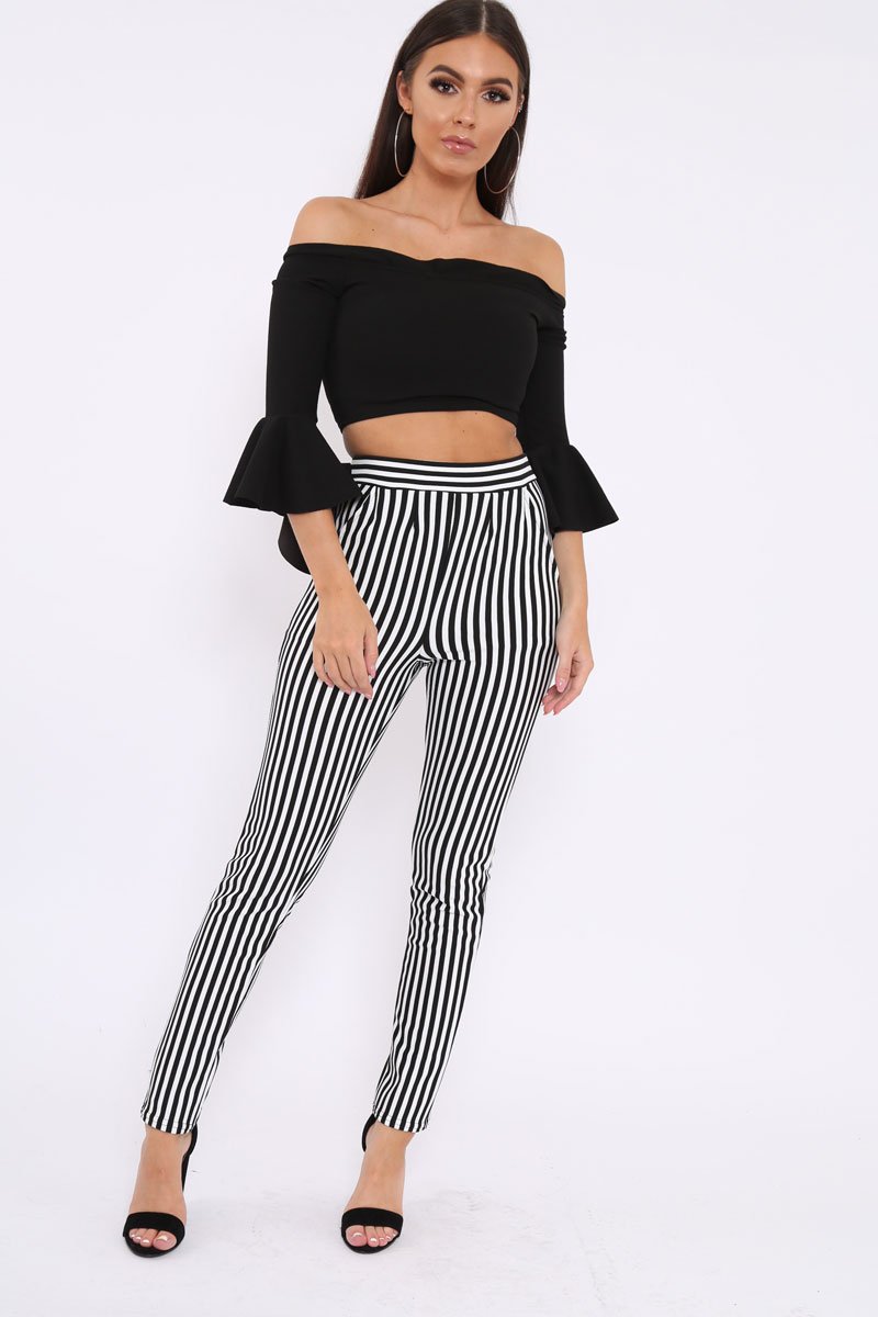 Black Bardot Frill Crop Top with Flared Sleeves - Tiffy-Tops