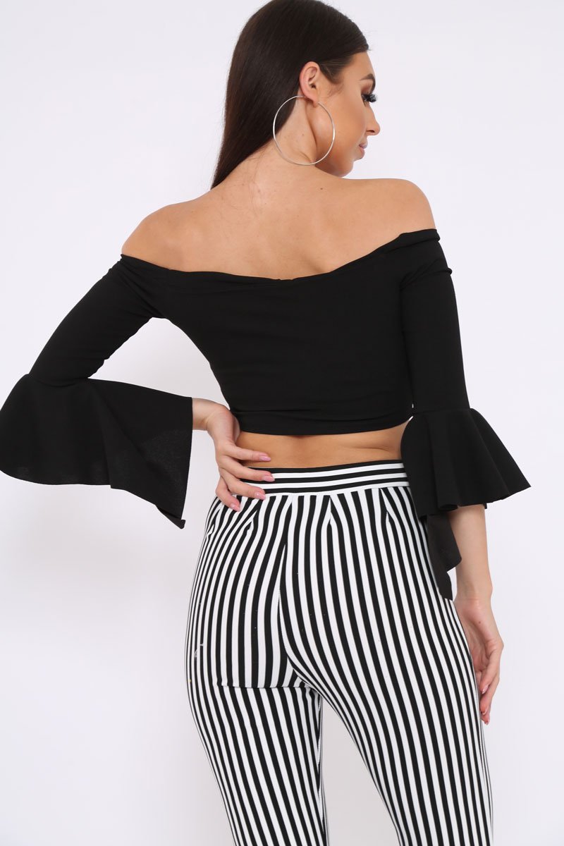 Black Bardot Frill Crop Top with Flared Sleeves - Tiffy-Tops