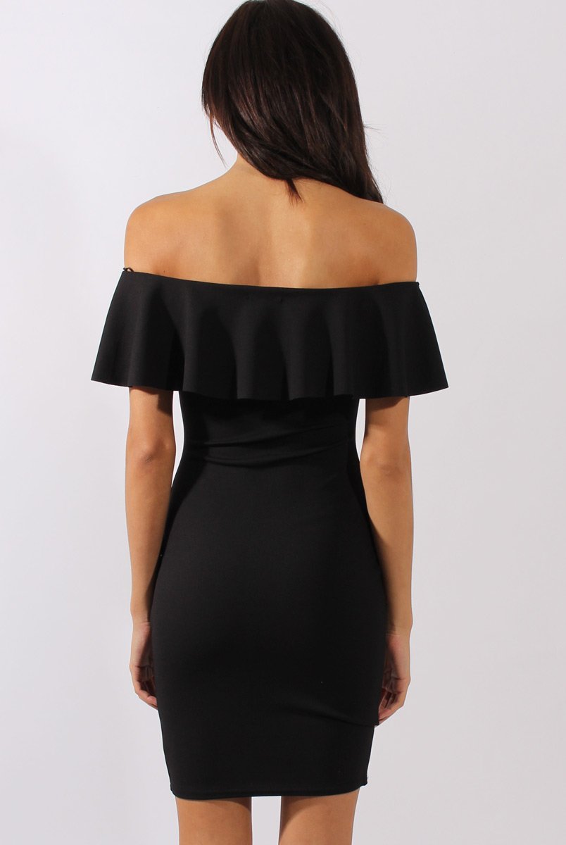 Black Bardot Frill Embroidered Dress - Jasmine-Dresses