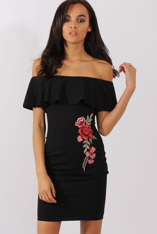 Black Bardot Frill Embroidered Dress - Jasmine