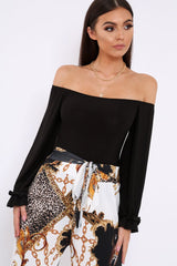 Black Bardot Frill Flare Sleeve Bodysuit - Sofiya-Bodysuits