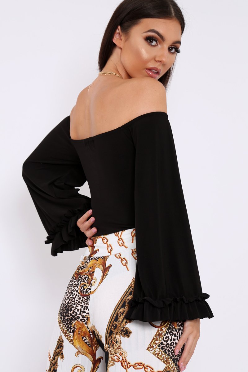 Black Bardot Frill Flare Sleeve Bodysuit - Sofiya-Bodysuits