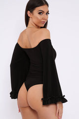 Black Bardot Frill Flare Sleeve Bodysuit - Sofiya-Bodysuits