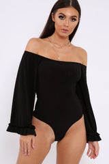 Black Bardot Frill Flare Sleeve Bodysuit - Sofiya-Bodysuits
