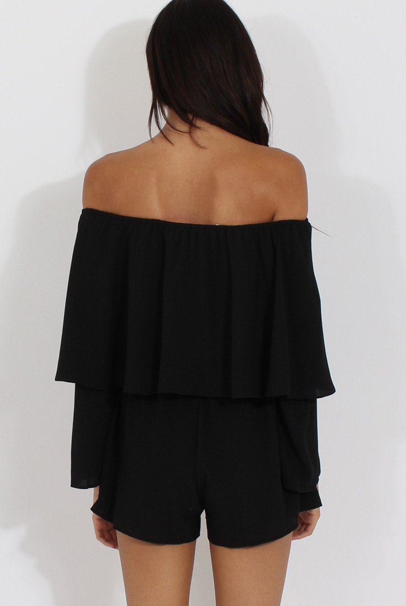 Black Bardot Frill Layer Playsuit - Ema-Playsuits