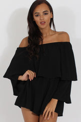 Black Bardot Frill Layer Playsuit - Ema-Playsuits