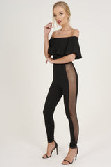 Black Bardot Frill Mesh Sides Jumpsuit - Bronwyn-Jumpsuits
