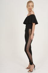 Black Bardot Frill Mesh Sides Jumpsuit - Bronwyn-Jumpsuits
