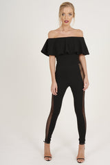 Black Bardot Frill Mesh Sides Jumpsuit - Bronwyn-Jumpsuits