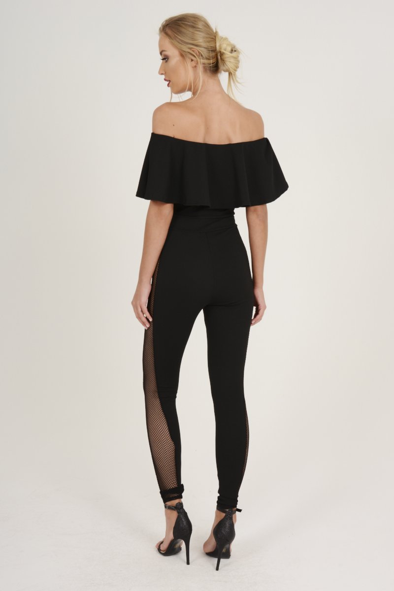 Black Bardot Frill Mesh Sides Jumpsuit - Bronwyn-Jumpsuits