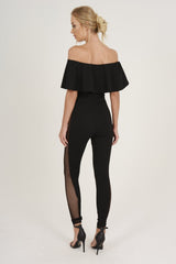 Black Bardot Frill Mesh Sides Jumpsuit - Bronwyn-Jumpsuits