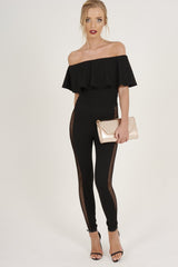 Black Bardot Frill Mesh Sides Jumpsuit - Bronwyn-Jumpsuits