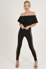 Black Bardot Frill Mesh Sides Jumpsuit - Bronwyn-Jumpsuits