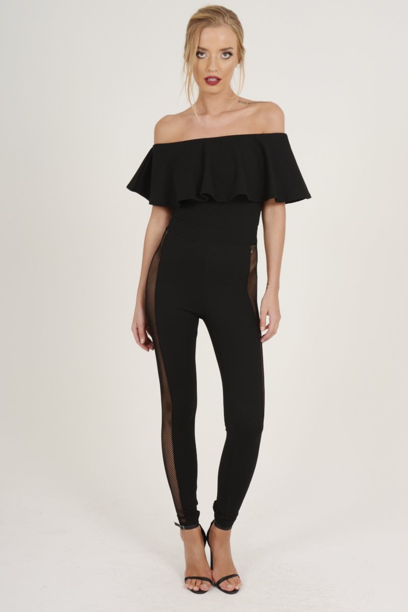 Black Bardot Frill Mesh Sides Jumpsuit - Bronwyn-Jumpsuits