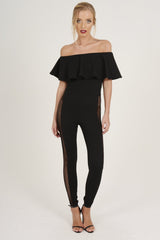 Black Bardot Frill Mesh Sides Jumpsuit - Bronwyn-Jumpsuits