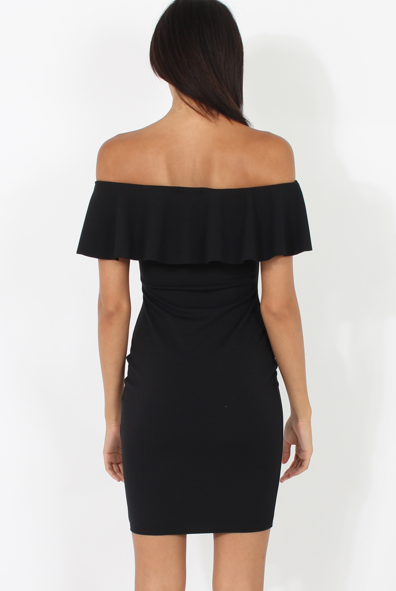 Black Bardot Frill Midi Dress - Lily-Dresses