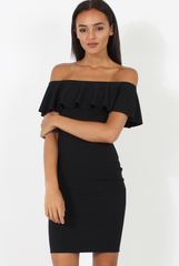 Black Bardot Frill Midi Dress - Lily-Dresses