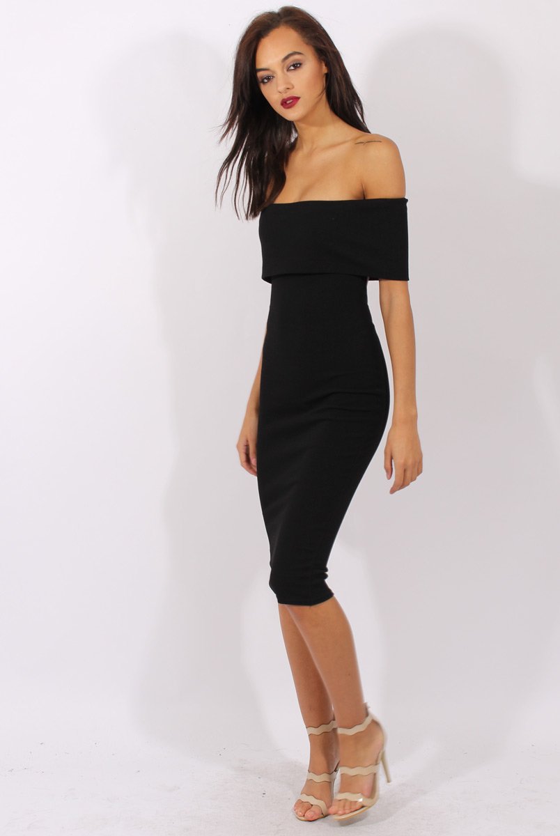 Black Bardot Frill Open Back Midi Dress - Trish-Dresses