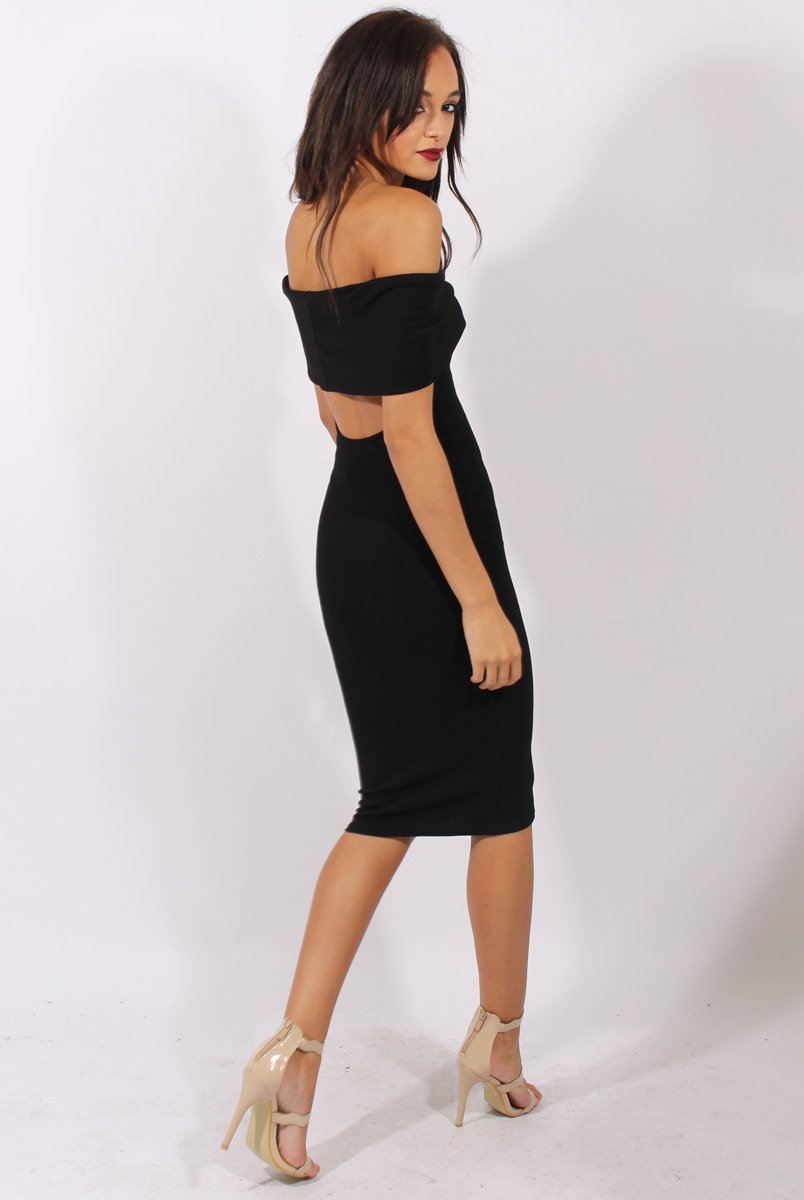 Black Bardot Frill Open Back Midi Dress - Trish-Dresses