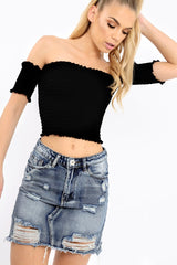 Black Bardot Frill Shirred Crop Top - Kailah-Crop Tops