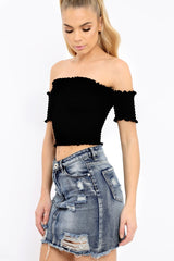 Black Bardot Frill Shirred Crop Top - Kailah-Crop Tops