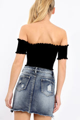 Black Bardot Frill Shirred Crop Top - Kailah-Crop Tops