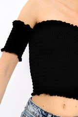 Black Bardot Frill Shirred Crop Top - Kailah-Crop Tops