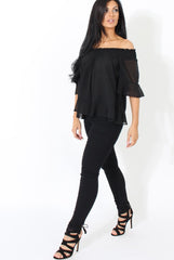 Black Bardot Frill Sleeve Top- Becka-Tops