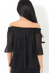 Black Bardot Frill Sleeve Top- Becka-Tops