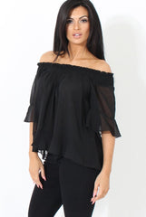 Black Bardot Frill Sleeve Top- Becka-Tops