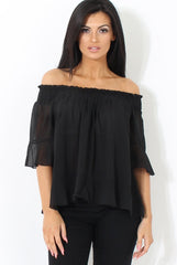 Black Bardot Frill Sleeve Top- Becka-Tops