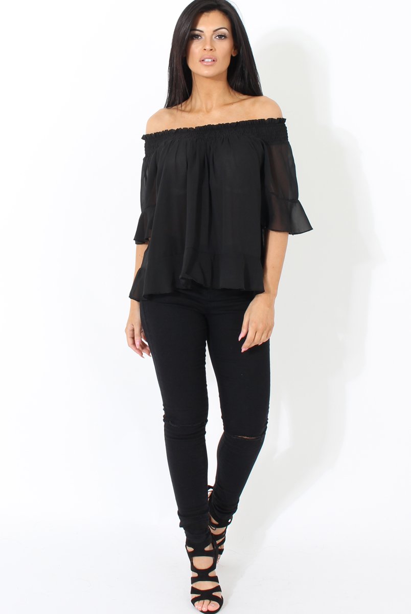Black Bardot Frill Sleeve Top- Becka-Tops