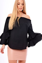 Black Bardot Frill Sleeve Top - Ruth-Tops