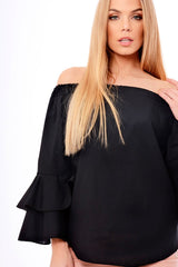 Black Bardot Frill Sleeve Top - Ruth-Tops