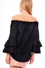 Black Bardot Frill Sleeve Top - Ruth-Tops