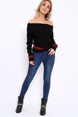 Black Bardot Jumper with Stripe Detail - Falon-Jumper