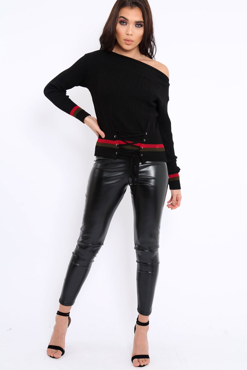Black Bardot Jumper with Stripe and Corset Tie Detail - Sandie-Jumper