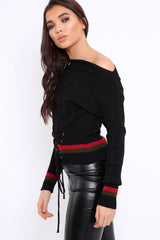Black Bardot Jumper with Stripe and Corset Tie Detail - Sandie-Jumper