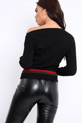 Black Bardot Jumper with Stripe and Corset Tie Detail - Sandie-Jumper