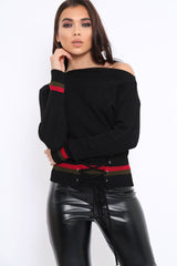 Black Bardot Jumper with Stripe and Corset Tie Detail - Sandie-Jumper