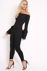 Black Bardot Jumpsuit with Tiered Flared Sleeves - Vivianne-Jumpsuits