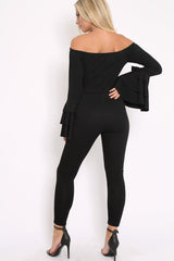 Black Bardot Jumpsuit with Tiered Flared Sleeves - Vivianne-Jumpsuits