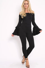 Black Bardot Jumpsuit with Tiered Flared Sleeves - Vivianne-Jumpsuits